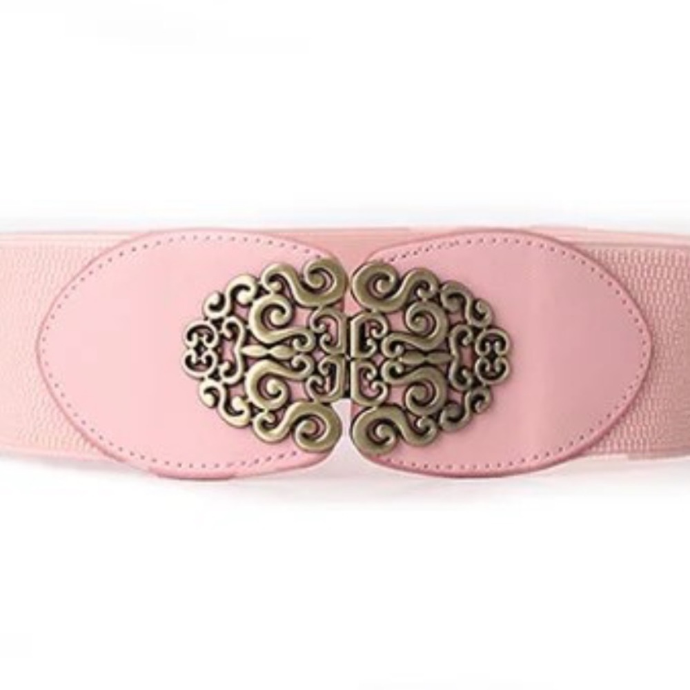 Pink Elastic Leather Gold Swirl Detail Buckle Wide Belt